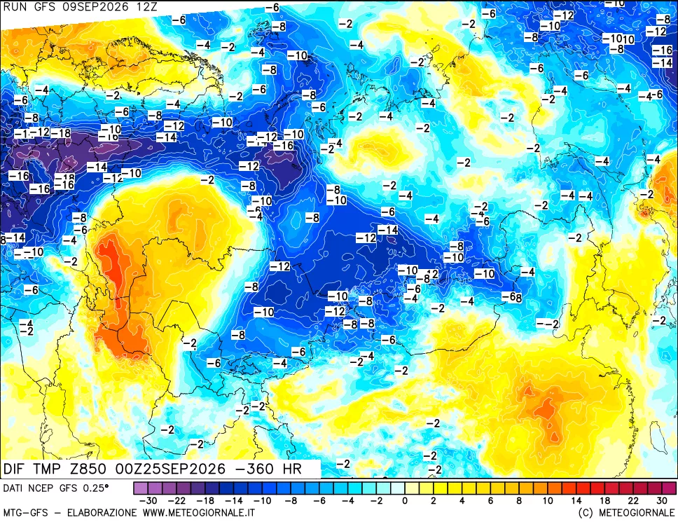 mappa Dif. Temp a 850 hPa Valid - Init