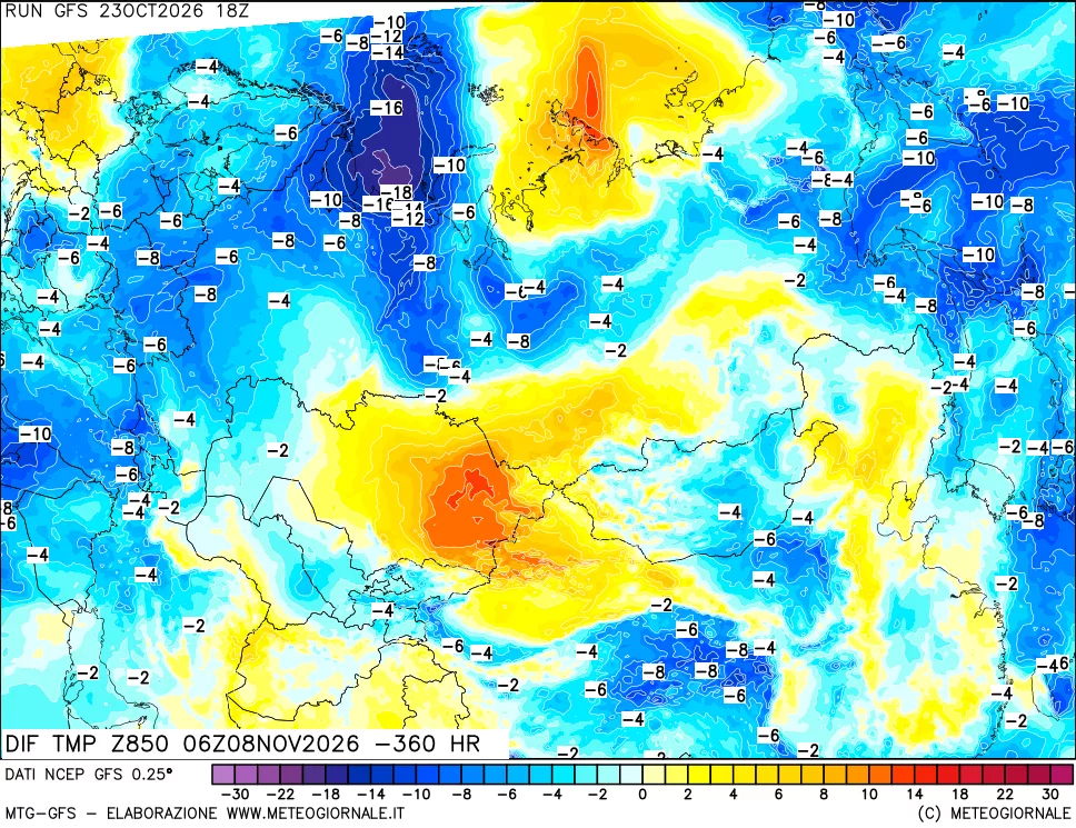 mappa Dif. Temp a 850 hPa Valid - Init