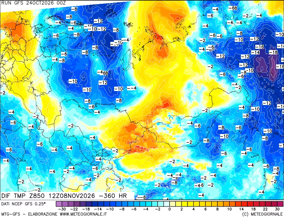 mappa Dif. Temp a 850 hPa Valid - Init