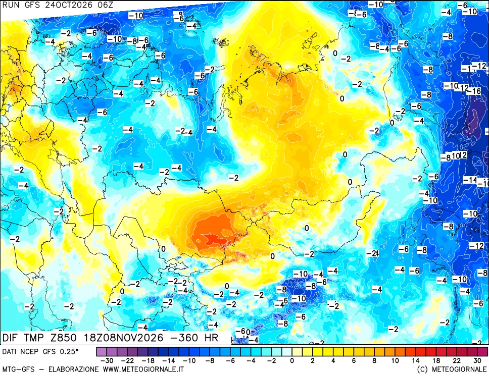mappa Dif. Temp a 850 hPa Valid - Init