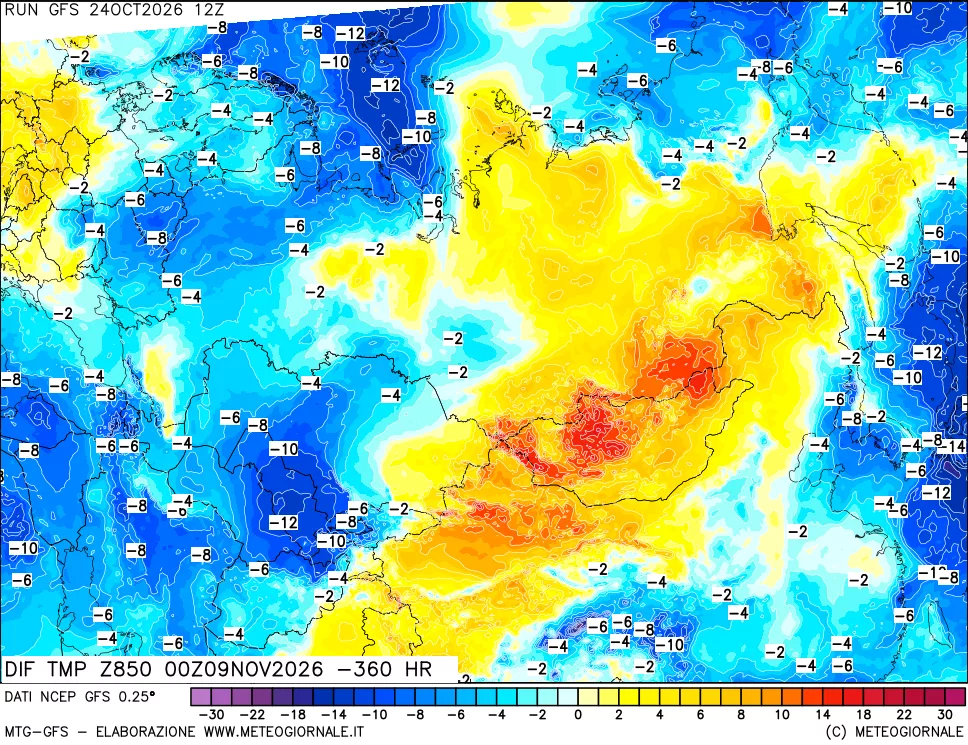 mappa Dif. Temp a 850 hPa Valid - Init