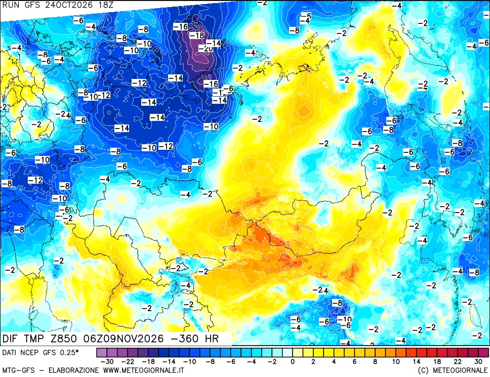 mappa Dif. Temp a 850 hPa Valid - Init