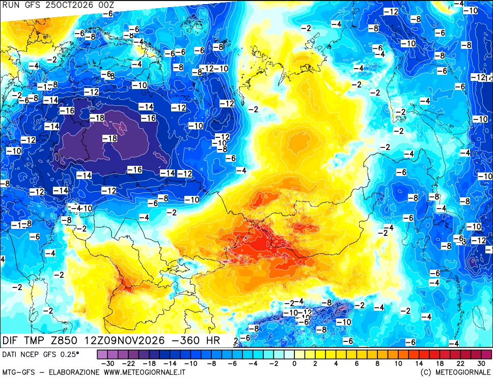 mappa Dif. Temp a 850 hPa Valid - Init