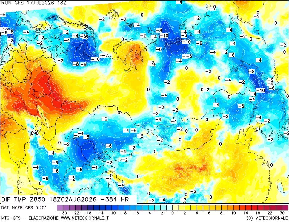mappa Dif. Temp a 850 hPa Valid - Init