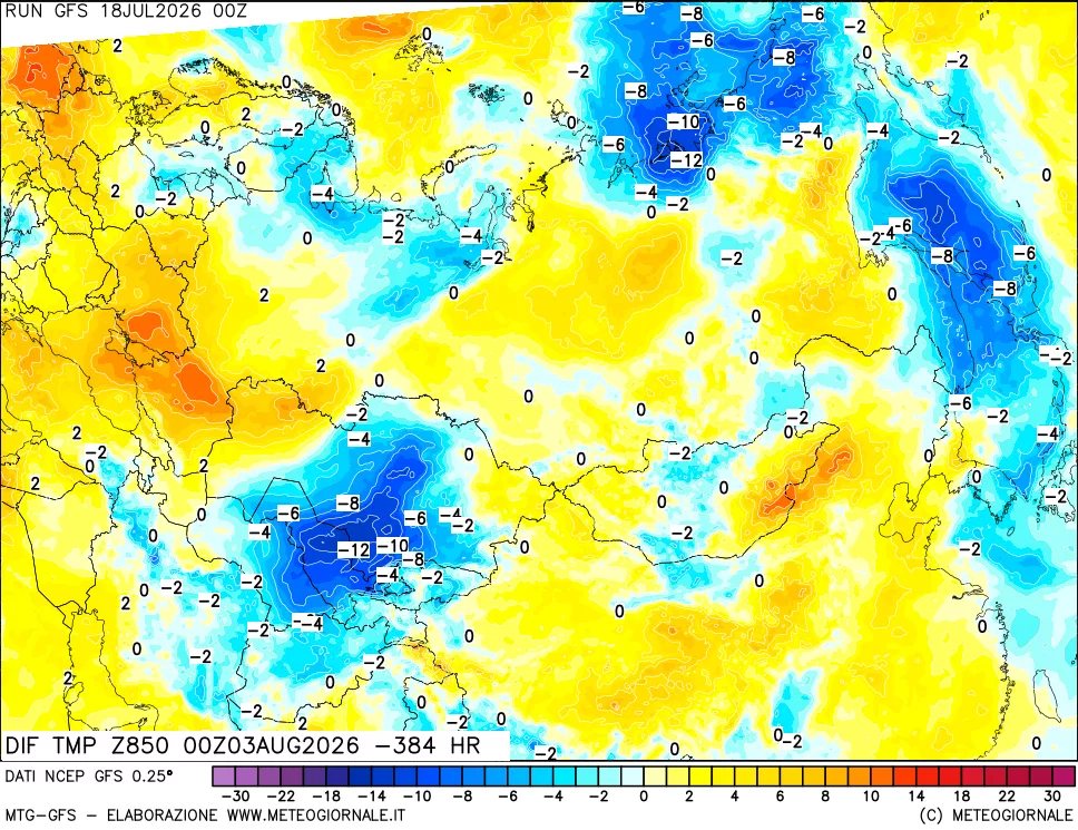 mappa Dif. Temp a 850 hPa Valid - Init