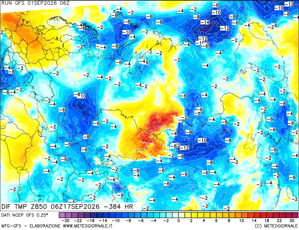 mappa Dif. Temp a 850 hPa Valid - Init