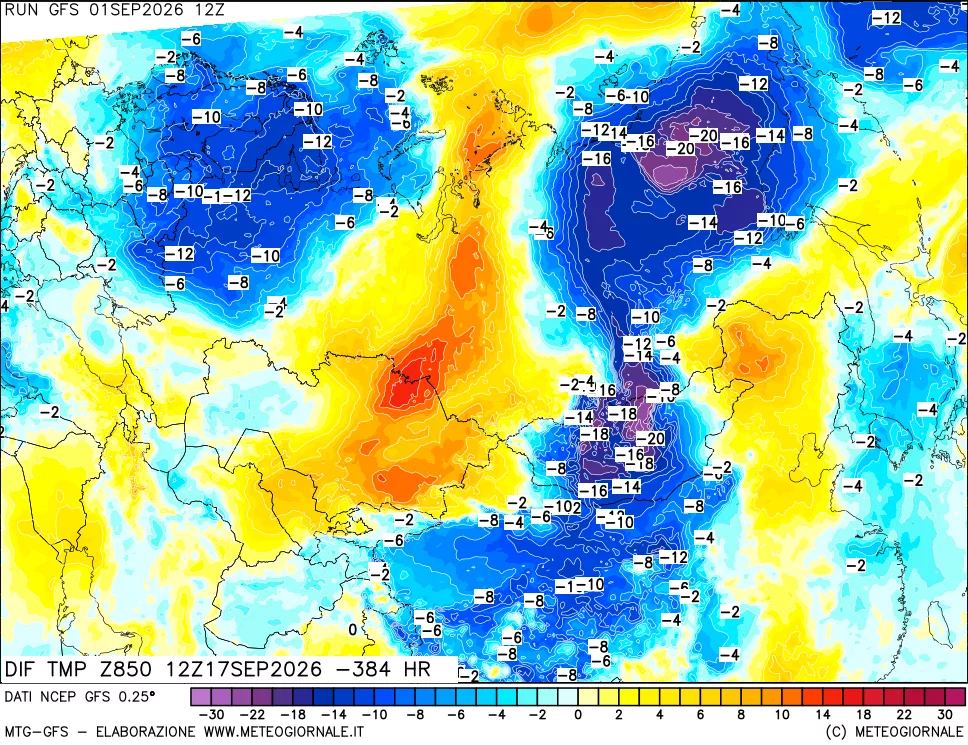 mappa Dif. Temp a 850 hPa Valid - Init