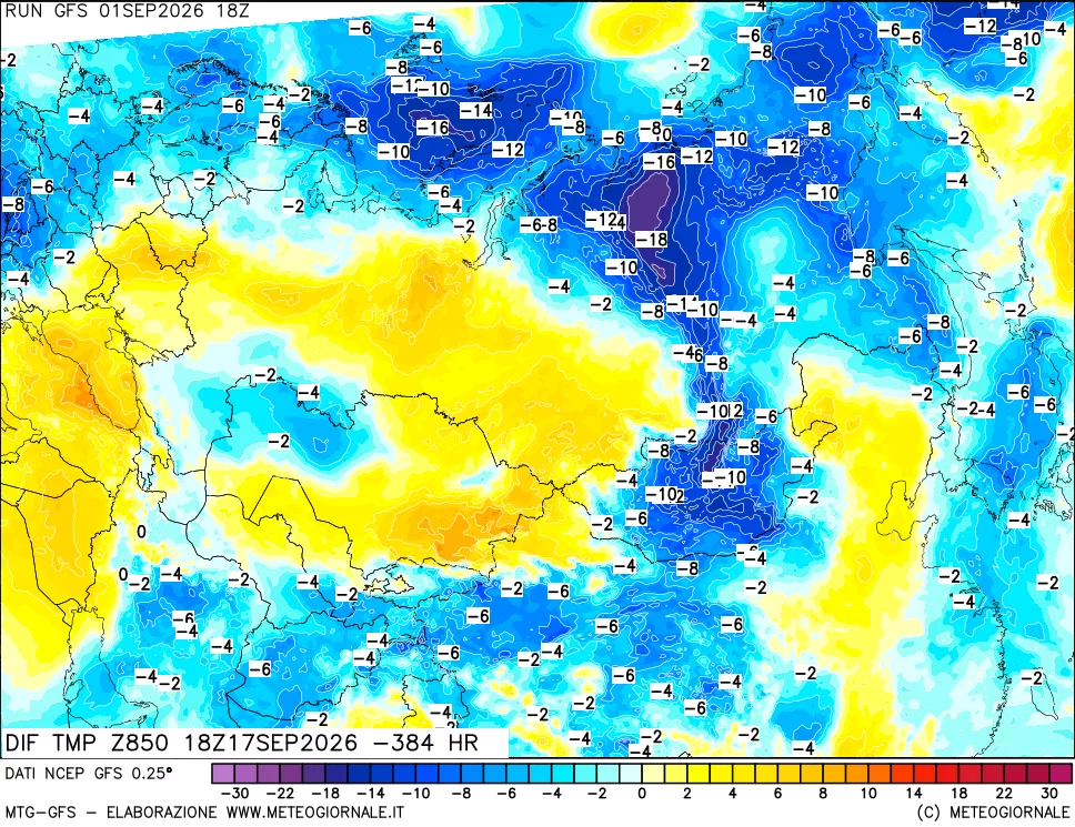 mappa Dif. Temp a 850 hPa Valid - Init
