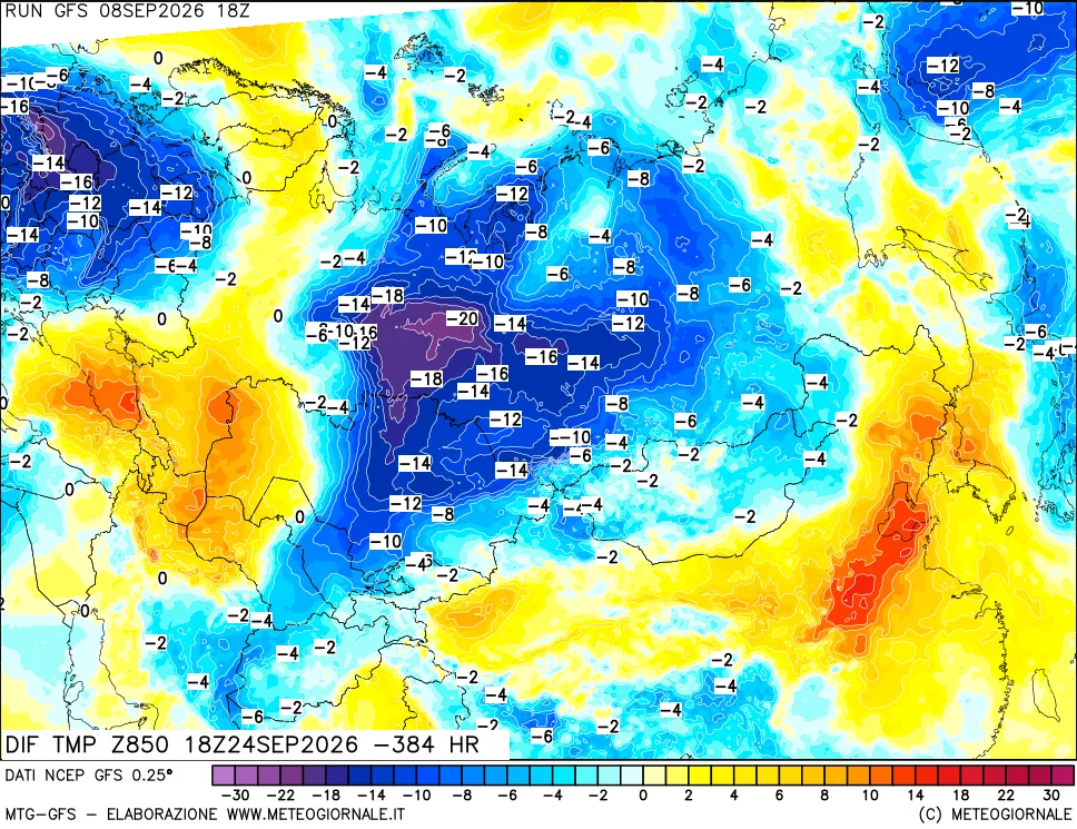mappa Dif. Temp a 850 hPa Valid - Init