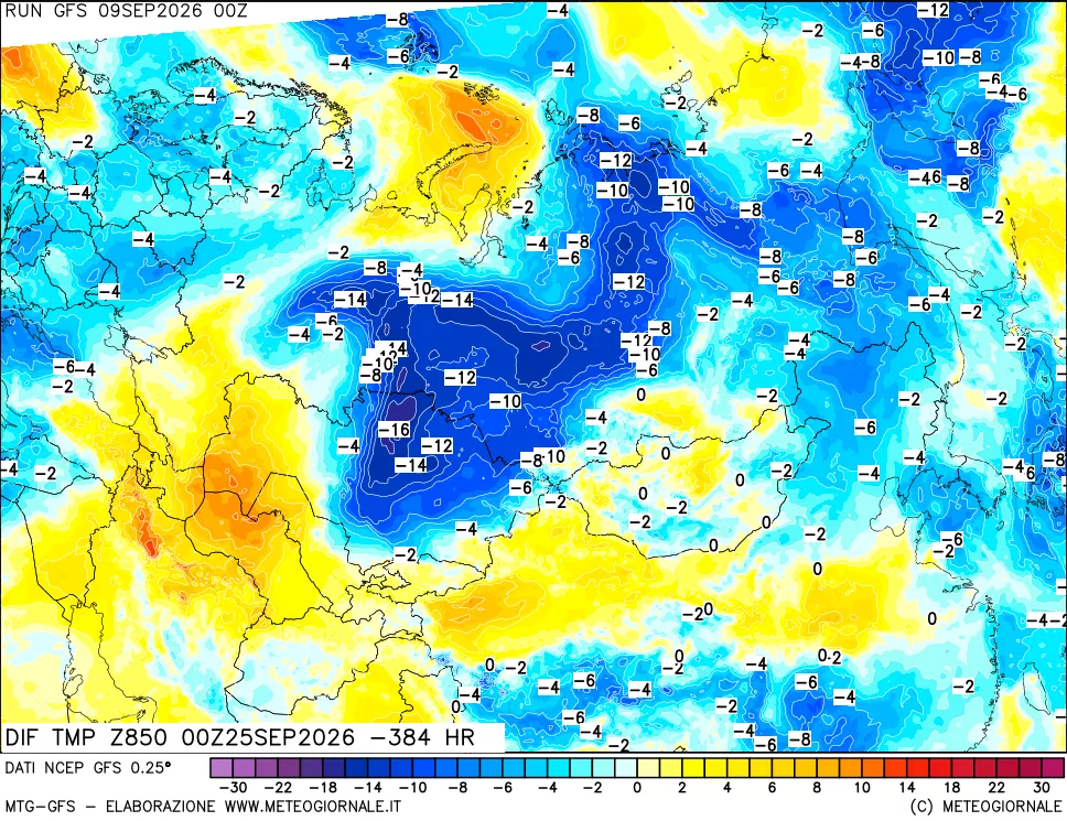 mappa Dif. Temp a 850 hPa Valid - Init