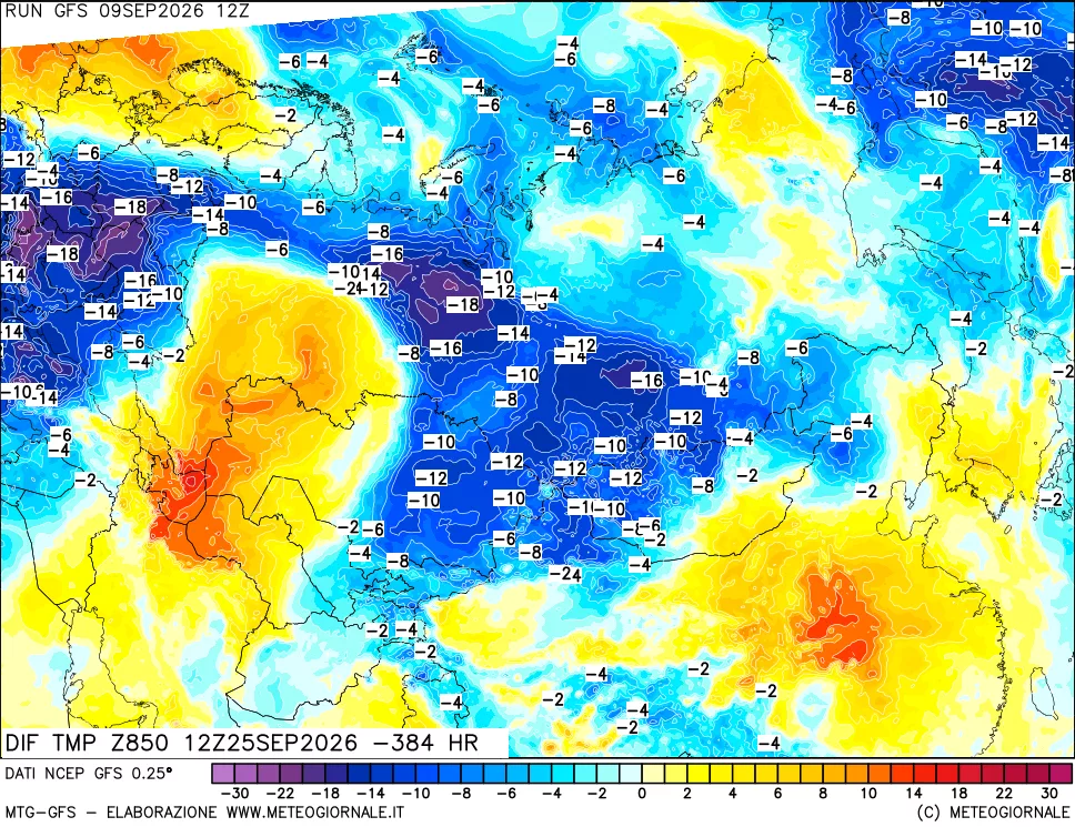 mappa Dif. Temp a 850 hPa Valid - Init