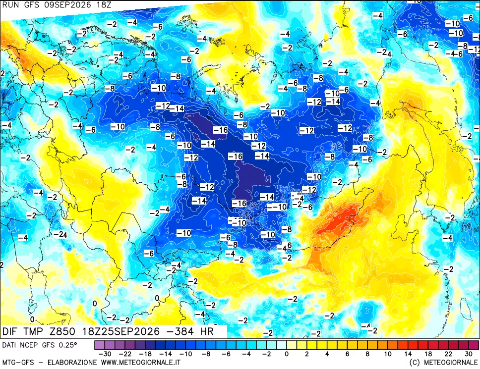 mappa Dif. Temp a 850 hPa Valid - Init