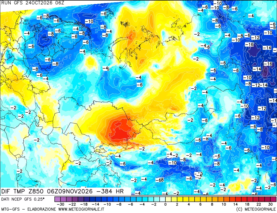 mappa Dif. Temp a 850 hPa Valid - Init