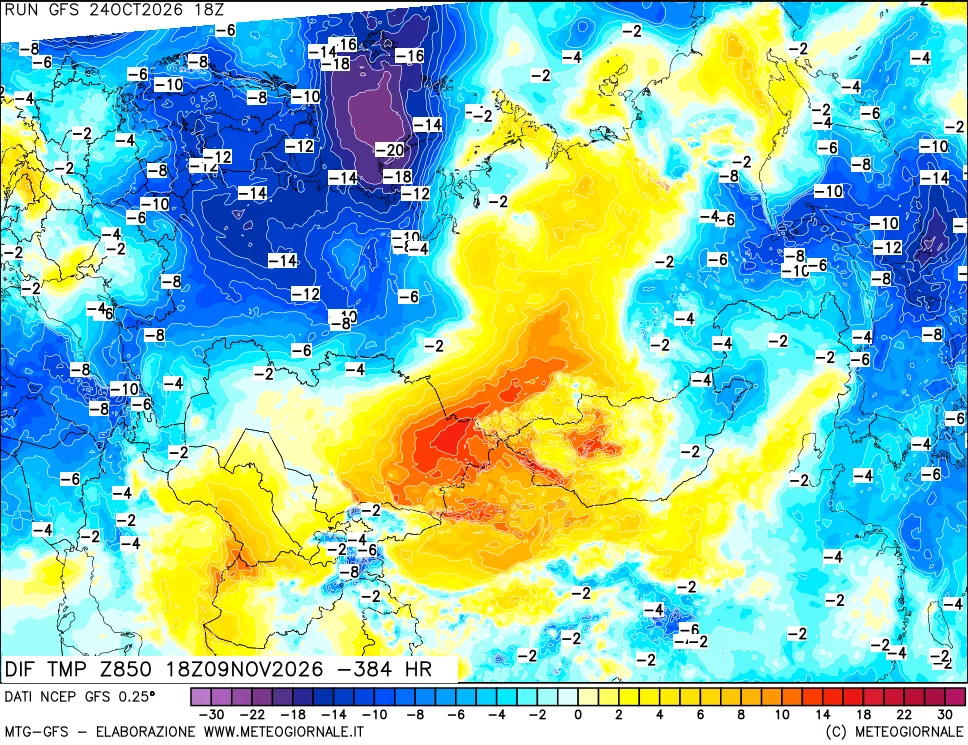 mappa Dif. Temp a 850 hPa Valid - Init