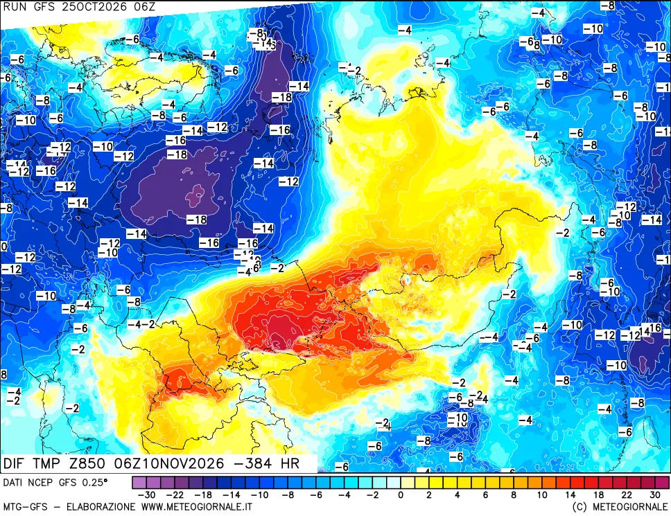 mappa Dif. Temp a 850 hPa Valid - Init