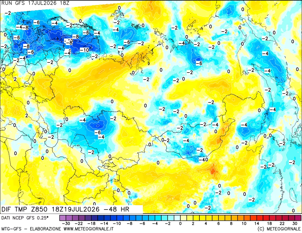 mappa Dif. Temp a 850 hPa Valid - Init