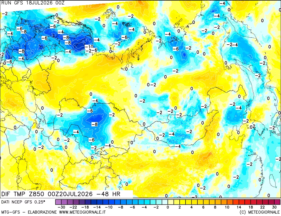 mappa Dif. Temp a 850 hPa Valid - Init