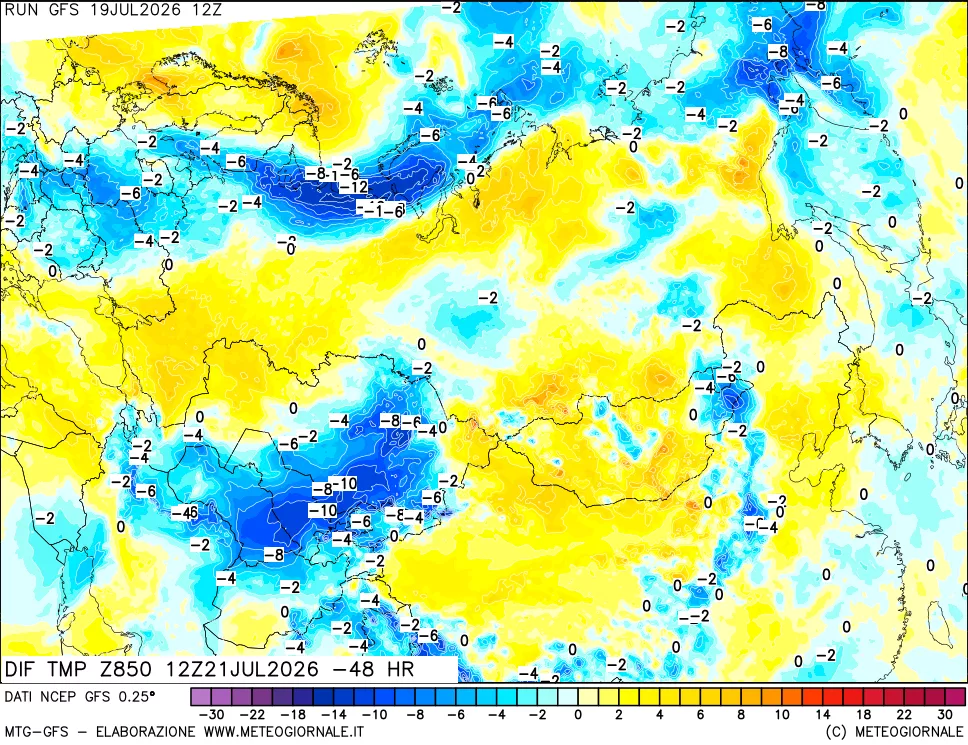 mappa Dif. Temp a 850 hPa Valid - Init