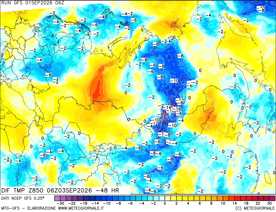 mappa Dif. Temp a 850 hPa Valid - Init