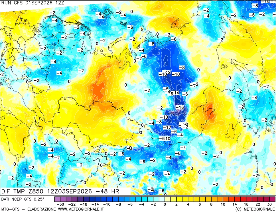 mappa Dif. Temp a 850 hPa Valid - Init