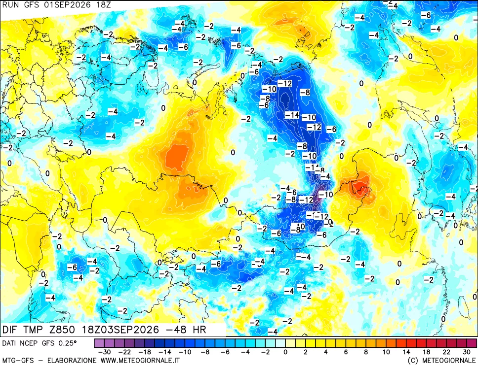 mappa Dif. Temp a 850 hPa Valid - Init