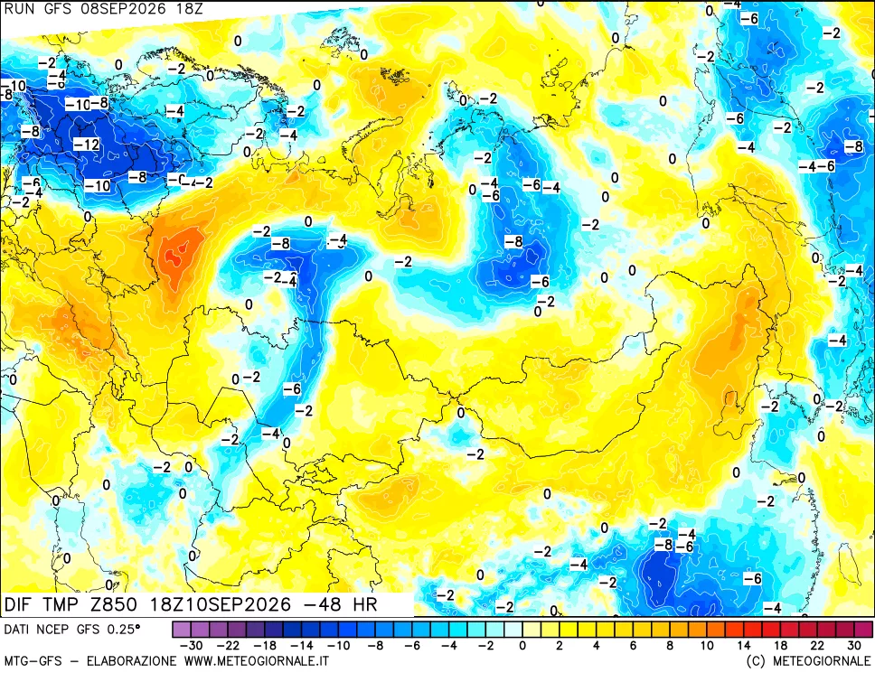 mappa Dif. Temp a 850 hPa Valid - Init