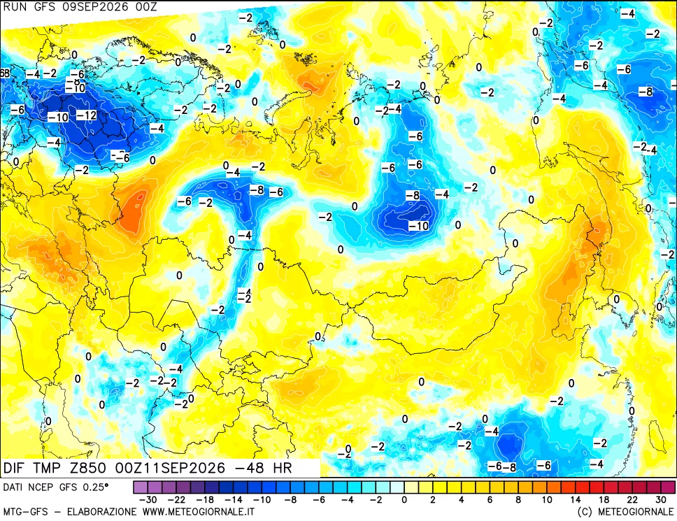 mappa Dif. Temp a 850 hPa Valid - Init