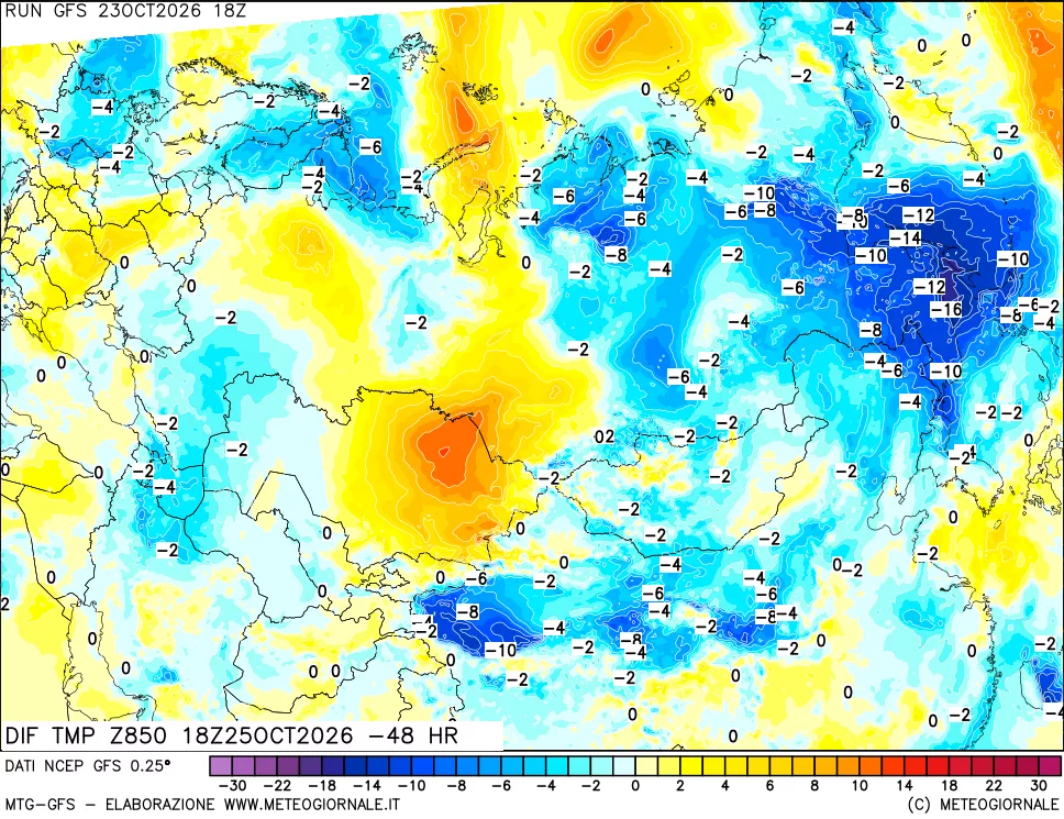 mappa Dif. Temp a 850 hPa Valid - Init