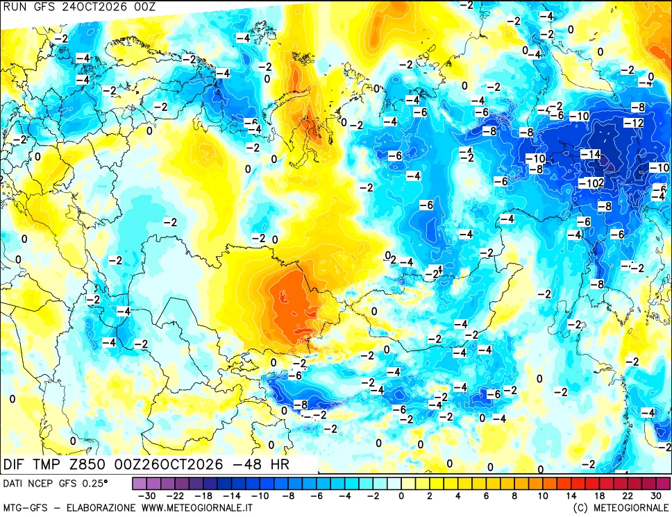 mappa Dif. Temp a 850 hPa Valid - Init