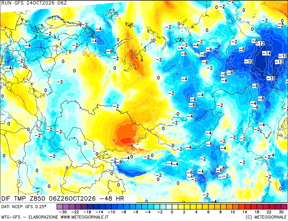 mappa Dif. Temp a 850 hPa Valid - Init