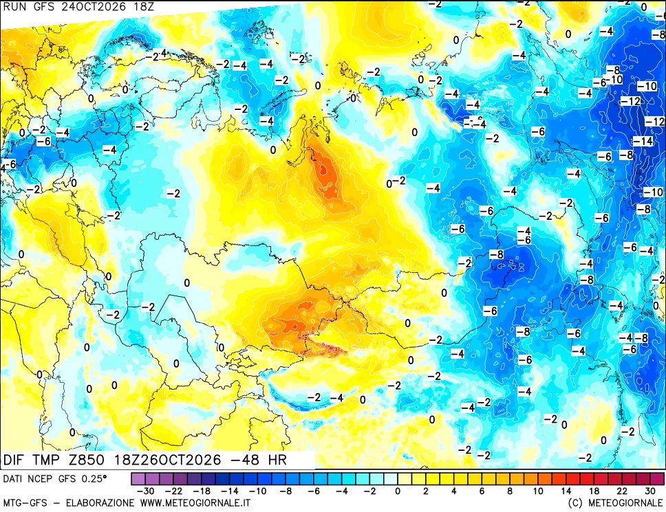 mappa Dif. Temp a 850 hPa Valid - Init