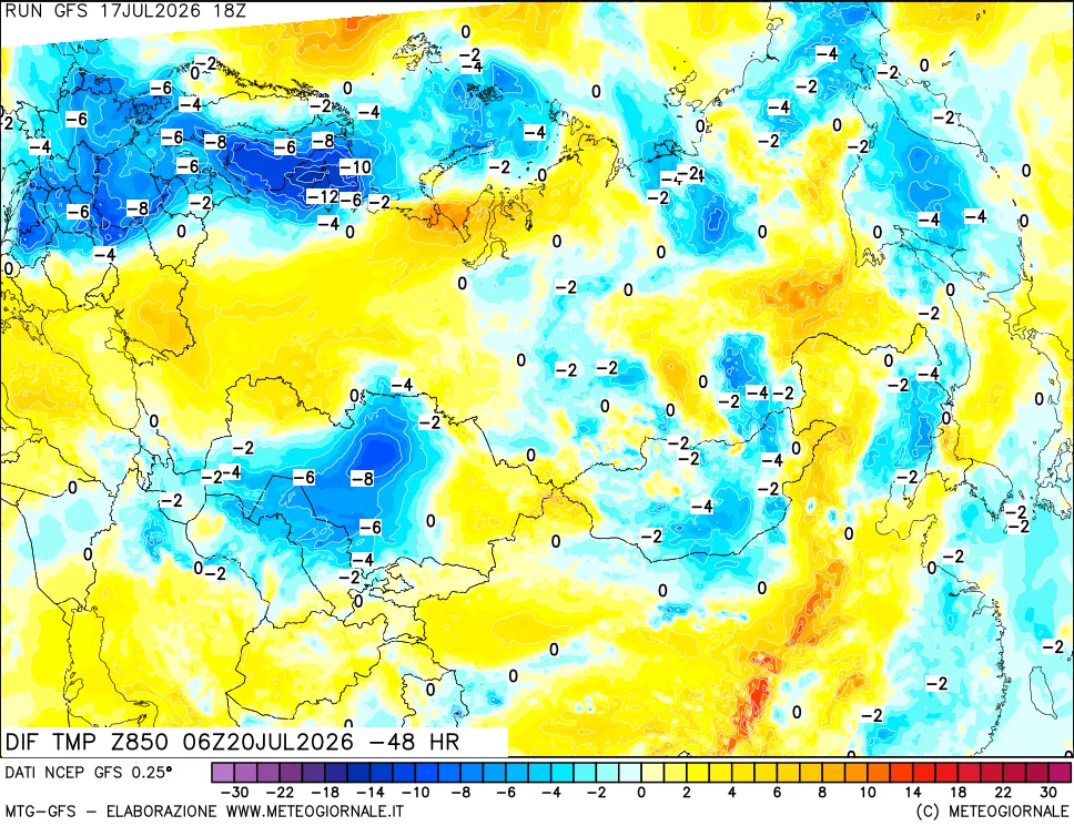 mappa Dif. Temp a 850 hPa Valid - Init