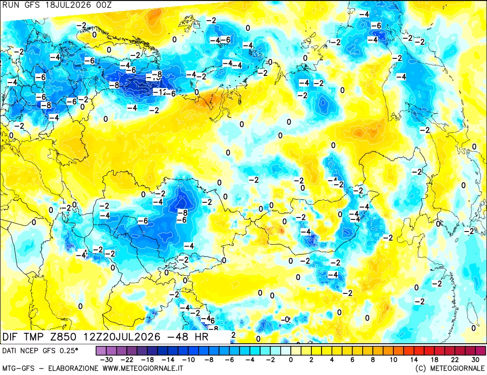 mappa Dif. Temp a 850 hPa Valid - Init