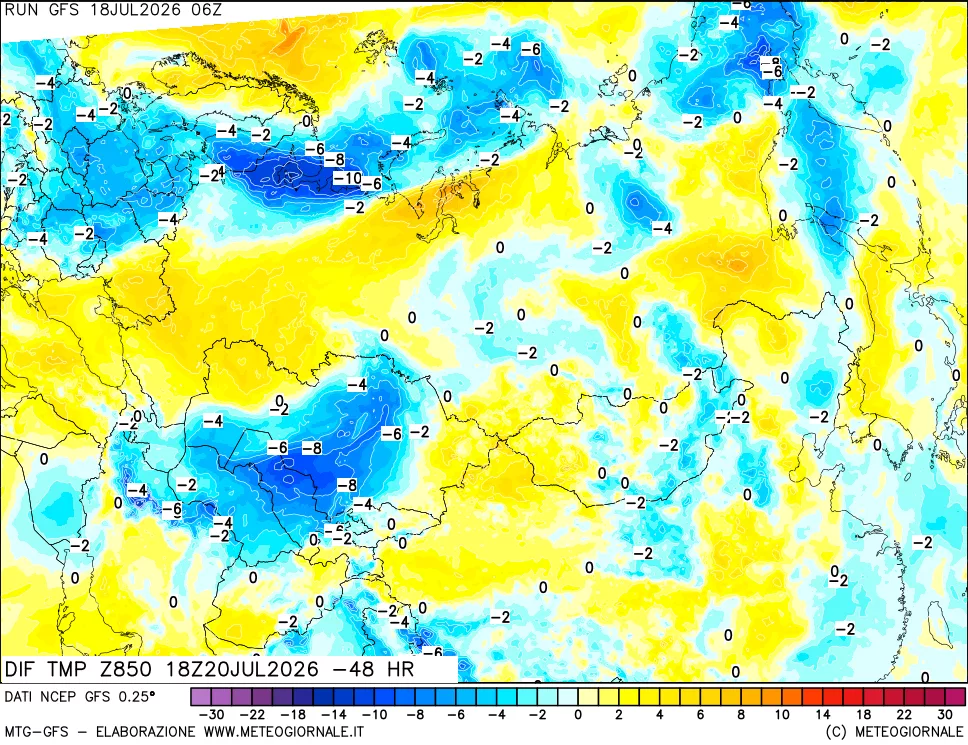 mappa Dif. Temp a 850 hPa Valid - Init