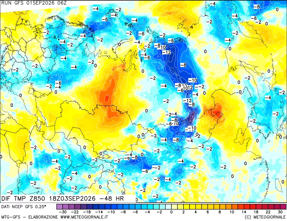 mappa Dif. Temp a 850 hPa Valid - Init