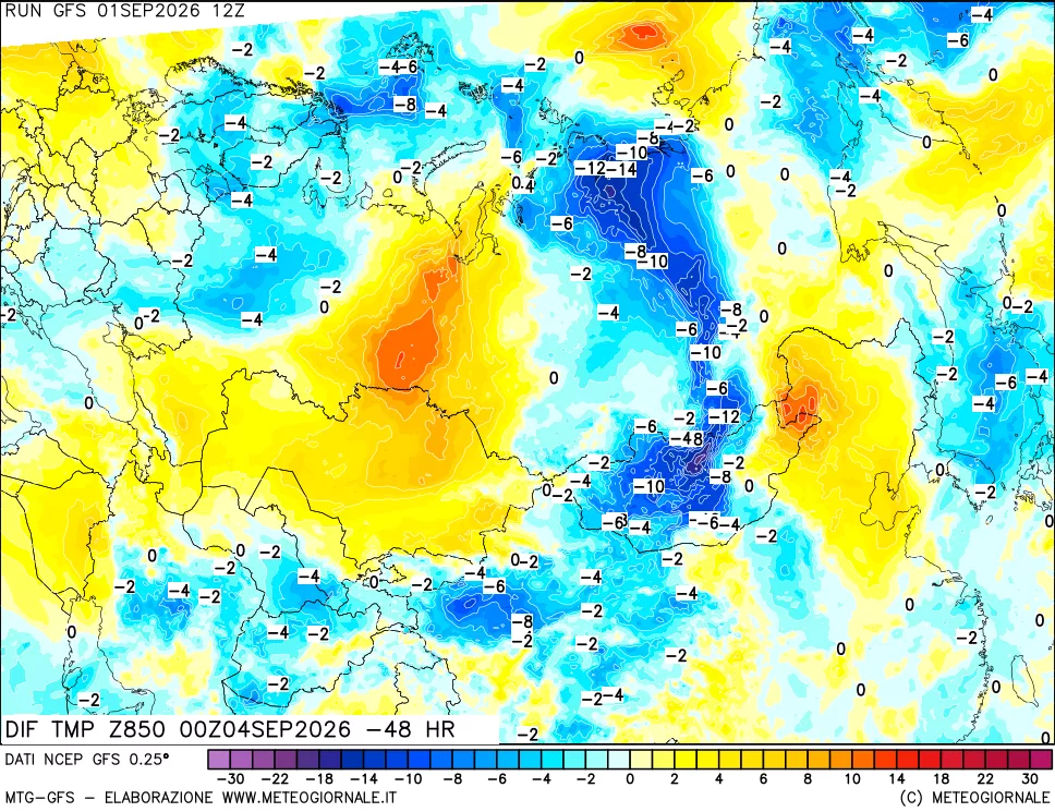 mappa Dif. Temp a 850 hPa Valid - Init