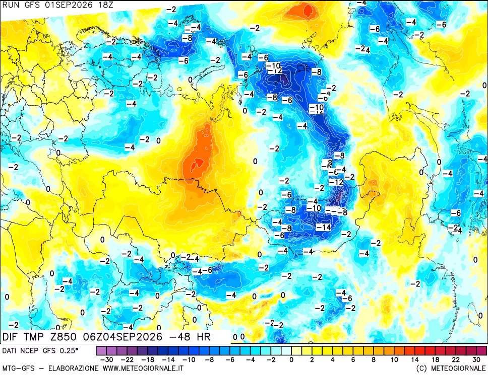 mappa Dif. Temp a 850 hPa Valid - Init