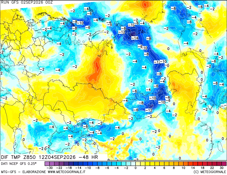 mappa Dif. Temp a 850 hPa Valid - Init