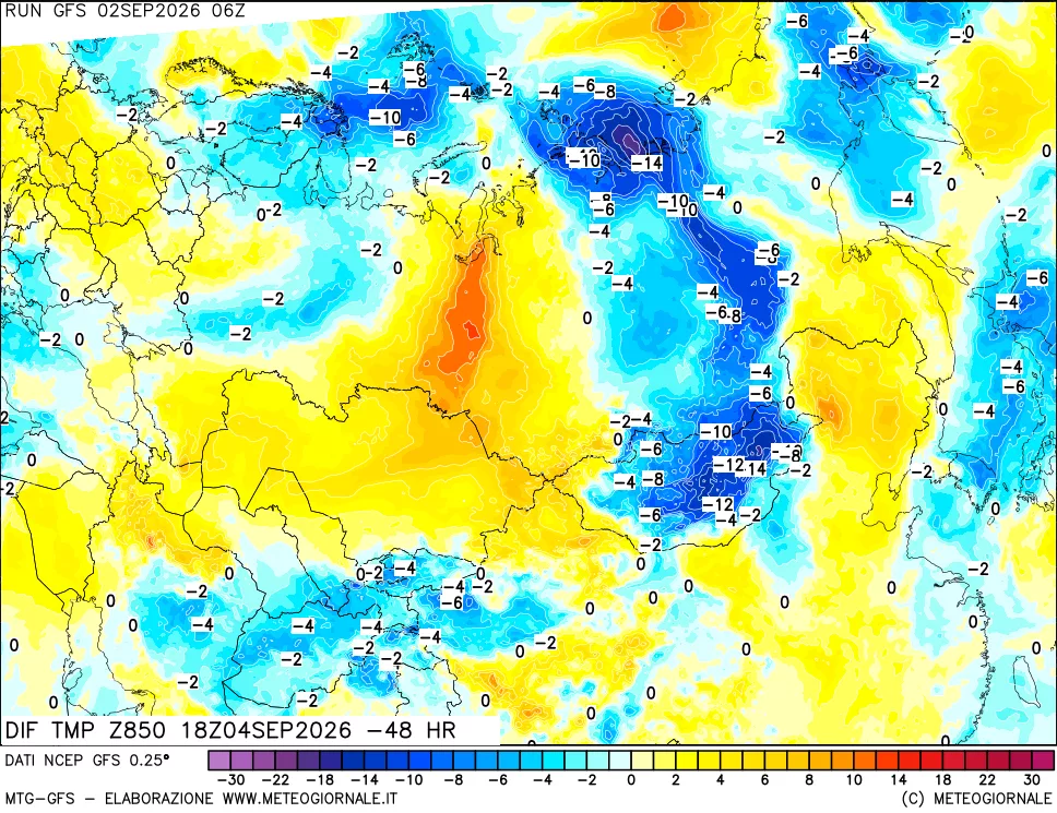 mappa Dif. Temp a 850 hPa Valid - Init