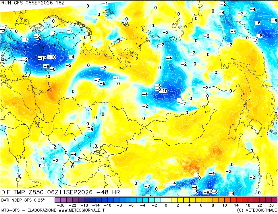 mappa Dif. Temp a 850 hPa Valid - Init