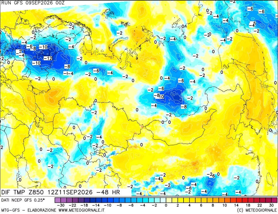 mappa Dif. Temp a 850 hPa Valid - Init