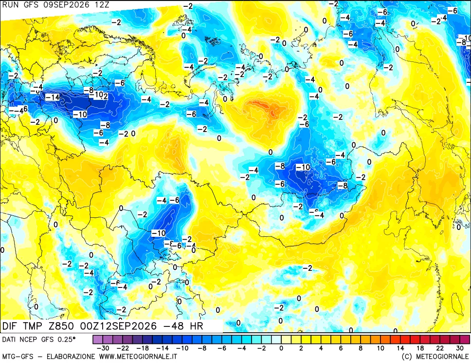 mappa Dif. Temp a 850 hPa Valid - Init