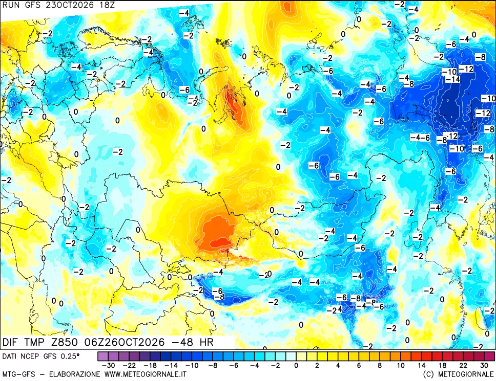 mappa Dif. Temp a 850 hPa Valid - Init