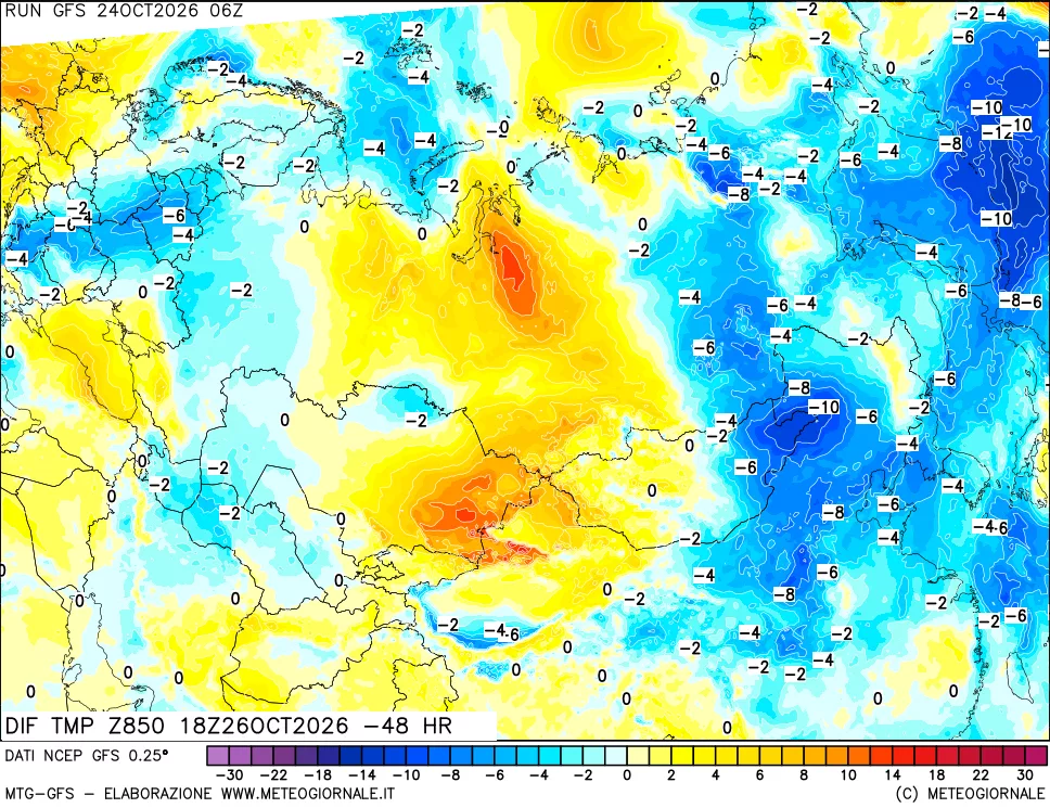 mappa Dif. Temp a 850 hPa Valid - Init