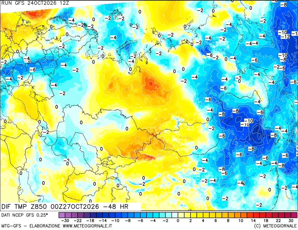 mappa Dif. Temp a 850 hPa Valid - Init