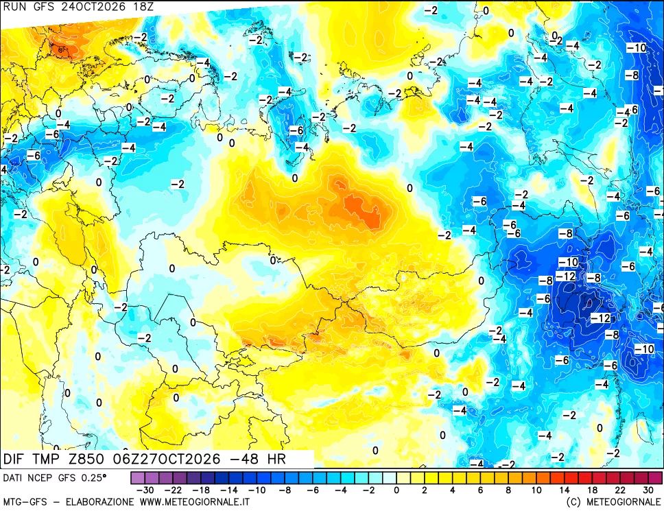 mappa Dif. Temp a 850 hPa Valid - Init