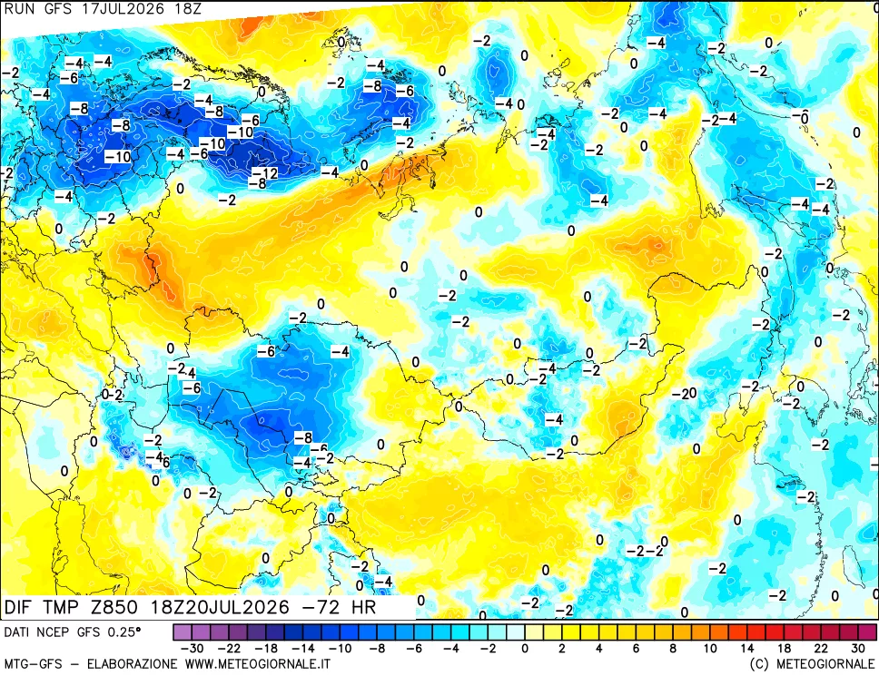 mappa Dif. Temp a 850 hPa Valid - Init