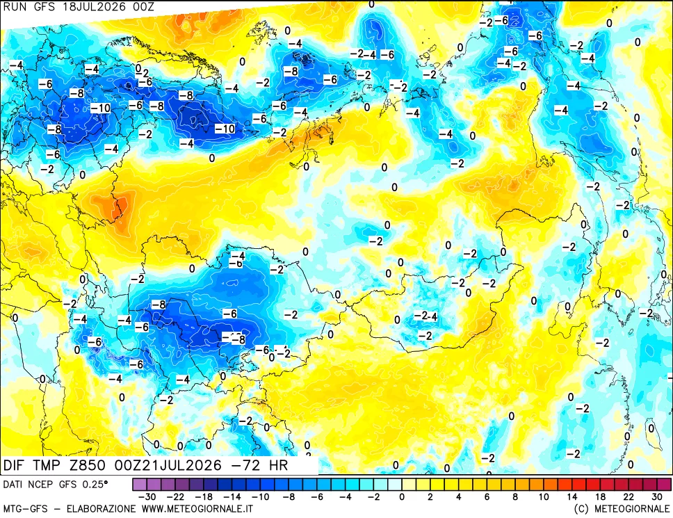 mappa Dif. Temp a 850 hPa Valid - Init