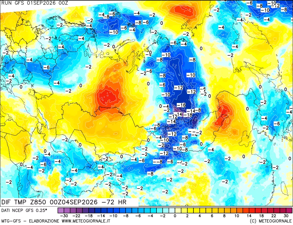 mappa Dif. Temp a 850 hPa Valid - Init