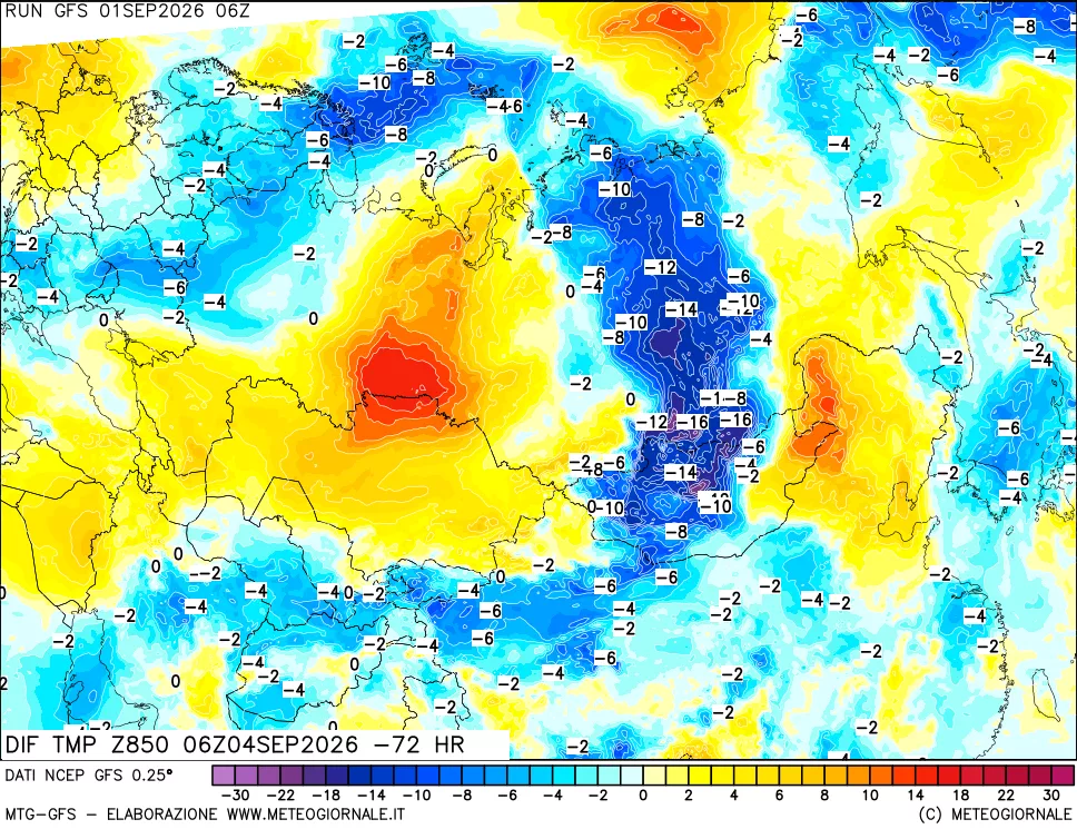 mappa Dif. Temp a 850 hPa Valid - Init